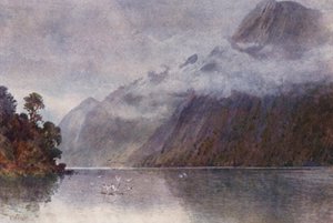 Új-Zéland: Milford Soundban (színes litho) alkotó: Frank H Wright