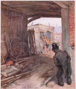 A célállomásra érkezve az első tárgy, ami a szemébe ötlött, egy pár nagyon tökéletlenül patkolt láb volt a levegőben, 1920 körül (színes litográfia). alkotó: Frank Reynolds