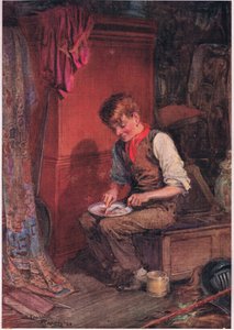 Kit egy nagy szelet kenyeret és húst vitt egy sarokba, és nagy mohósággal eltüntette azt, 1920 körül (színes litográfia). alkotó: Frank Reynolds