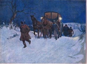 Az utazás vége felé, 1920 körül (színes litográfia) alkotó: Frank Reynolds