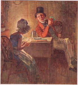 A márkinő nagyon szorosan tartja a kártyáit mindkét kezében, mérlegeli, hogy melyik kártyát játssza ki, 1920 körül (színes litográfia) alkotó: Frank Reynolds