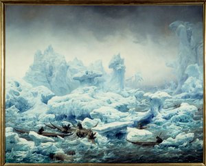 Kilátás a jeges óceánra, a grönlandiak rozmárhalászata Francois Auguste Biard (1799-1882) festménye 1841 V. 1,3x1,63 m Dieppe, musee du chateau - Rozmár halászata a Jeges-tengeren. Kilátás a Sarki-tengerre, a grönlandiak rozmárra vadásznak. Festés által