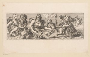 Szent Katalin nereidákkal, szatírokkal és fantasztikus vadállatokkal a vízben Mitológiai alakok a víz mellett (sorozat címe) alkotó: François Bignon (attributed to)