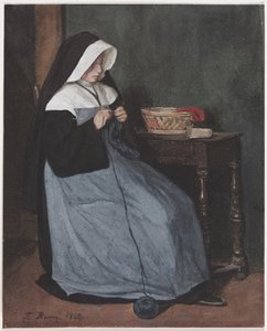 Egy asztalnál ülő apáca köt, 1862.