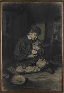 Ülő fiú, aki macskát tart (recto); Tanulmány a cicákról és egy tányér tejről (verso), c. 1874-80 (fehér krétával erősített fekete kréta törtfehér fektetett papíron) alkotó: François Bonvin