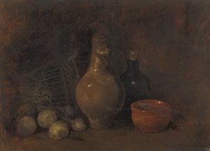 Csendélet négy gyümölccsel, üveggel és kerámiával alkotó: François Bonvin