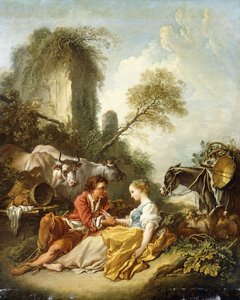 Lelkipásztori táj pásztorral és pásztorlánnyal a romok mellett, alkotó: François Boucher