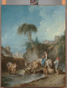 Táj távoli épületekkel és egy terelőnővel alkotó: François Boucher