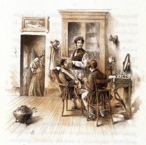 Borbély. Illusztráció a „” Profile of grisette”” új, a „” Mimi de Pinson”” gyűjteményéhez tartozó Alfred de Mussettől