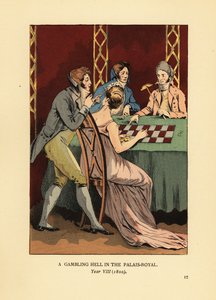 Divatos Incroyables magas gallérú kabátban egy játékasztalnál fiatal nővel és krupiéval. Szerencsejáték pokol a Palais Royalban, VIII alkotó: François Courboin