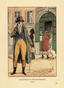 Divatos úriember a Passage du Perron, Palais Royal bejárata előtt. Kalapot, nyakkendőt, kabátot, mellény nadrágot és csizmát visel. A párizsi Palais Royal Perronja