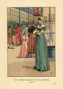 Divatos nő vásárol a fából készült galériában a Palais Royalban, Párizsban alkotó: François Courboin