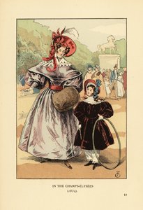 Nő és gyermek karika játszik a parkban. A Champs Elysees-n alkotó: François Courboin