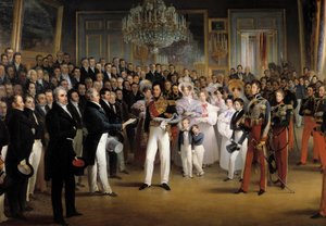1830-as forradalom: „” A Képviselőház bemutatja I. Lajos Fülöp (1773-1850) orléans-i hercegnek a trónra hívó törvényt és az 1830-as Chartát a királyi palotában 08.07. 1830”” Részlet. Francois Joseph Heim festménye (1787-18 alkotó: François Joseph Heim