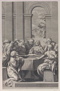 Az utolsó vacsora, egy klasszikus épület belseje Krisztussal és apostolainak székével..., 1660-81.