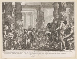 Sámsont egy oszlophoz vezetik Dagan templomában alkotó: François Tortebat