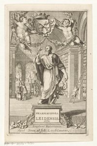 Aszklépiosz Titelpagina voor: S.n., Pharmacopoeia Leiden, a legnagyobb magisztrátusok hatósága által létrehozott, 1770