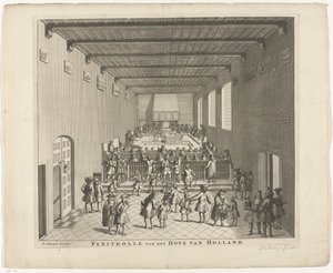 A holland bíróság ülése, 1700 körül Pleitrolle van den Hove of Holland (cím a tárgyon)