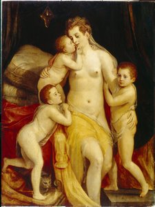 Allegorie de la charite (Allegory of Charity). Trois enfants aux expressions pleines de compassion, se rapprochent tendrement de leur mere au visage triste pour la consoler. Peinture de Frans Floris l