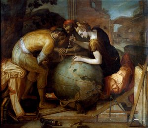 Geometria. Geometria allegóriája és megszemélyesítése, aki egy kompászt tart a földgömb felett. Különböző geometriai műszerek helyezkednek el az előtérben. Frans Floris (1515-1570) festménye. flamand művészet. Magángyűjtemény, Genes.