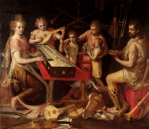 A Music Characts vetus a hangszerek ősi környezete allegóriát alkot. Frans Floris (1515-1570) festménye 16. századi gének, magángyűjtemény alkotó: Frans Floris