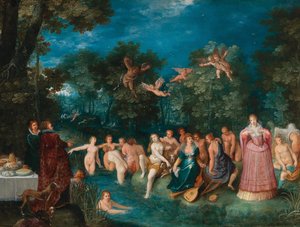 Diana és nimfái fürdőznek, szarvasvadászattal a háttérben, 1606 körül.
