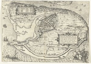 Kaart van het eiland Voorne en plattegrond van Brielle, 1572 Brillium, Holland opp. az egymás közötti holland háború miatt, amely az Üdvösség győzelmének évében, i.sz. 72. április melegében itt kezdte, híres (cím a tárgyon) alkotó: Frans Hogenberg
