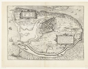 Kaart van het eiland Voorne en plattegrond van Brielle, 1572 Brillium, Holland opp. az egymás közötti holland háború miatt, amely az Üdvösség győzelmének évében, i.sz. 72. április melegében itt kezdte, híres (cím a tárgyon) alkotó: Frans Hogenberg