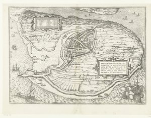 Kaart van het eiland Voorne en plattegrond van Brielle, 1572 Brillium, Holland opp. az egymás közötti holland háború miatt, amely az Üdvösség győzelmének évében, i.sz. 72. április melegében itt kezdte, híres (cím a tárgyon)