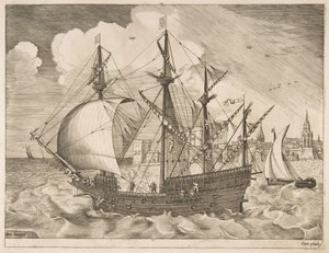 Fegyveres négyfős tengerre bocsátás a vitorláshajóktól, kb. 1555-56. alkotó: Frans Huys