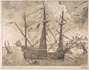 Fegyveres háromfős horgonyzott egy város közelében a vitorlás hajóktól, kb. 1555-56. alkotó: Frans Huys