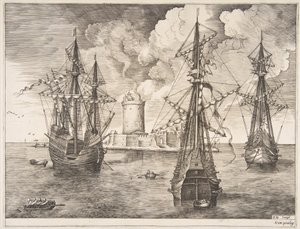 Négy mester és két három mester horgonyozva egy megerősített sziget közelében a The Sailing Ves-ből..., 1561-65. alkotó: Frans Huys