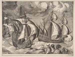 Három karavel felszálló viharban Arionnal egy delfinen a The Sailing Vesselsből, 1561-65. alkotó: Frans Huys