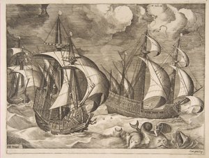 Három karavel felszálló viharban Arionnal egy delfinen a The Sailing Vesselsből, 1561-65. alkotó: Frans Huys