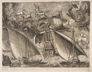 Két gálya vitorlázik egy fegyveres hárommester mögött Phaetonnal és Jupiterrel az égen, f..., 1561-65. alkotó: Frans Huys