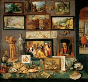 Le cabinet de curiosites - A gyűjtőszekrény (Cabinets of Curiosities) - Frans Francken, az ifjabb (1581-1642). Olaj, fa, kb. 1620-1625. Mérete: 74x78 cm. Művészettörténeti Múzeum, Vienne