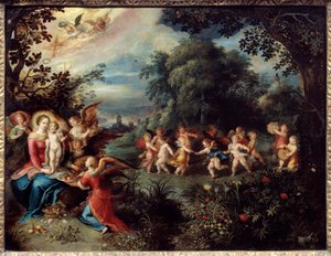 Madonna gyermeke egy zenészekkel és táncoló angyalokkal körülvett tájon van. Frans Le Jeune Franken (1581-1642) festménye Ec. Nagyzolás.