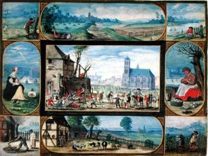 A városi és vidéki élet tíz allegorikus jelenetéből álló összeállítás (gouache, arany érintéssel a pergamen) alkotó: Frans II the Younger Francken
