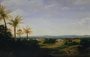 Brazil táj a portugál rezidenciával, a templommal és a Casa Grandával, a Varzea folyóval túl alkotó: Frans Post