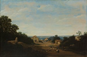 Brazil táj Igaraçú faluval. Balra a Sts Cosmas és Damian templom alkotó: Frans Post