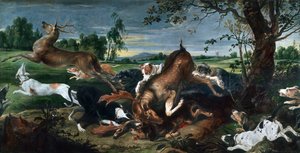 Vadászszarvas, Frans Snyders (1579-1657), olaj, vászon, 220x420 cm.