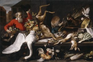 Csendélet döglött vadakkal, gyümölcsökkel és zöldségekkel a piacon, 1614