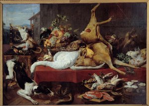 Csendélet szarvassal Vad (fácán, liba, szarvas), halszelet, rák, hüvelyesek. Frans Snyders festménye (1579-1657)