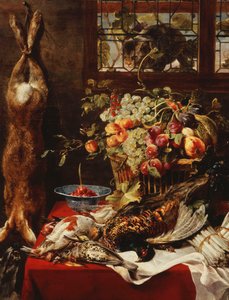 Egy nagyobb csendélet gyümölccsel, játékkal és macskával az ablak mellett, alkotó: Frans Snyders or Snijders