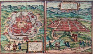 Mexikóváros (Mexikó) és Cusco City (Peru) tervei Carl Nebel "Voyage Pittoresque" című művéből (színes metszet) (lásd: 141102)
