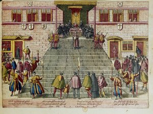 A kegyelmi aktus felolvasása Brüsszelben 1574. 04. 05-én: I. Vilmos orániai-nassaui herceg, becenevén Néma Vilmos (1533-1584), a II. spanyol Fülöp elleni felkelés kezdeményezője, aki a húszéves háború néven ismert, és amely a Huszonéves háborúban csúcsosod