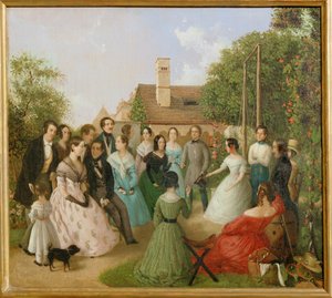 Pfaenderspiele der Familienmitglieder Alt im Garten - Az Alt-család kertjében játszott veszteségi játék ... (festmény, vászon) alkotó: Franz Alt