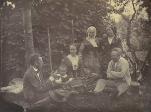 [Három nő, két férfi és egy gyermek pikniken], 1850-60-as évek.