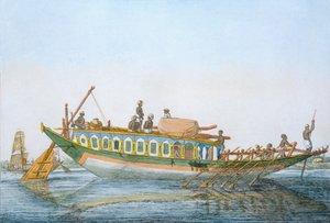 Badjera, egy kabinos folyami hajó, nagy lapátkormánnyal, „A hinduk, avagy viselkedésük, jelmezeik és szertartásaik leírása”, 1808–1812 (színes rézkarc)