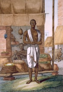 Élelmiszerbolt a boltja előtt zsákos árukkal, a „A hinduk, avagy viselkedésük, jelmezeik és szertartásaik leírása”, 1808-1812 körül (színes rézkarc) alkotó: Franz Balthazar Solvyns